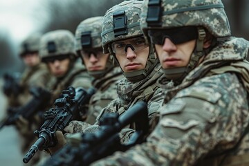 Fototapeta premium Group of soldiers with assault rifles in military uniform is ready for storm