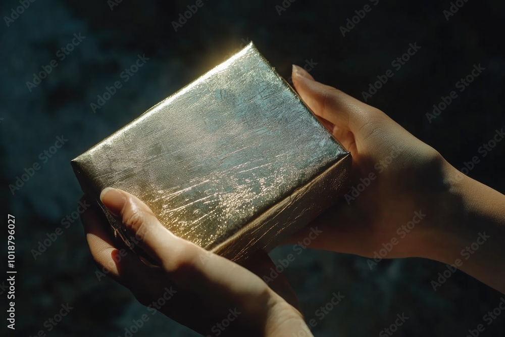 Poster a person holds a golden book in their hands, perfect for use in illustrations or editorial content