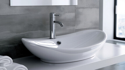 Fototapeta premium White ceramic sink and chrome faucet, round mirror on a wall, modern bathroom interior design