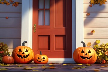Fototapeta premium Illustration of entrance door of the house with decorations for Halloween and Thanksgiving day