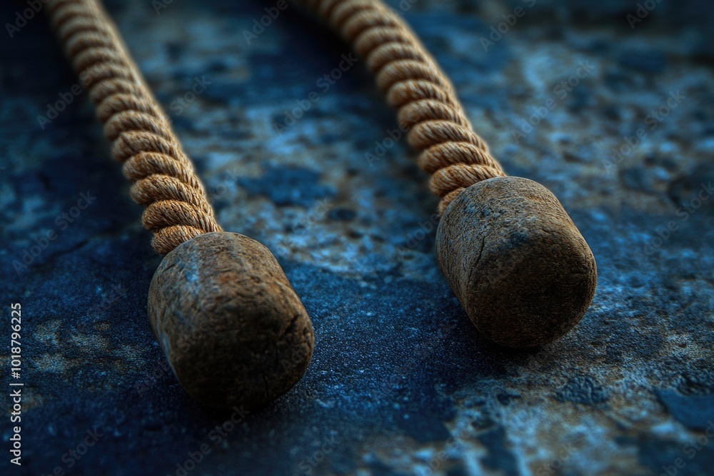 Poster A close-up shot of a rope with two balls tied at either end, suitable for use in various contexts where a secure and visible binding is needed