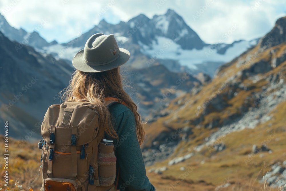 Sticker A woman admiring the mountain landscape, wearing a hat and backpack