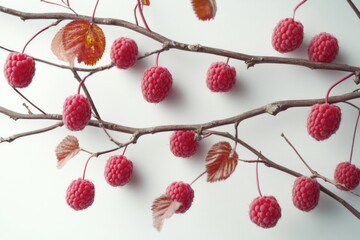 Fresh raspberries hanging from a tree branch, ripe for picking