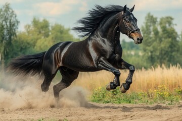 Obraz premium A black horse gallops across a dirt field, its mane and tail flowing in the wind