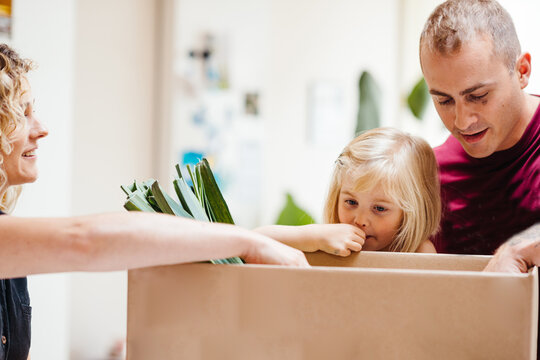 Smiling Parent And Child Unpacking Groceries From A Cardboard Box.