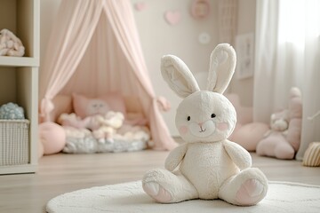 Modern child room with soft rabbit toy