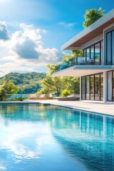 Obraz premium A large swimming pool located in front of a house, perfect for backyard gatherings or family fun