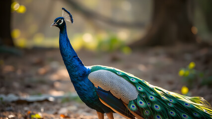 Obraz premium Portrait of beautiful peacock with feathers out. AI generated image, ai.