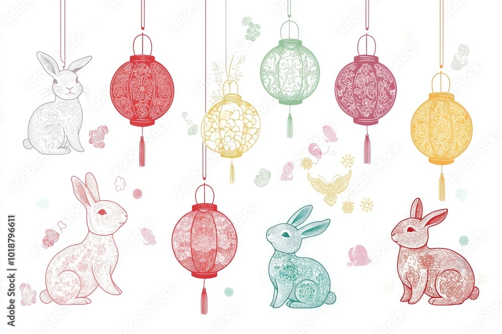 Poster colorful paper lanterns suspended from strings