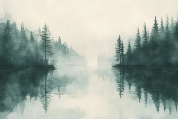 Plexiglas schilderij Mistig bos A serene landscape of a lake surrounded by tall trees and greenery  © Fotograf