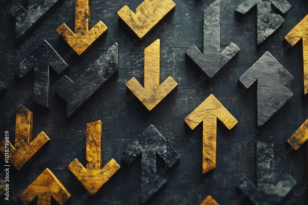 Poster A cluster of golden arrows arranged on a dark background, suitable for use in designs related to awards, recognition, or celebration