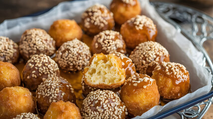 A tray of Luqaimat, small golden-fried dough balls drenched in syrup and sprinkled with sesame seeds. Fluffy inside with a crispy exterior, offering a perfect balance of textures.






