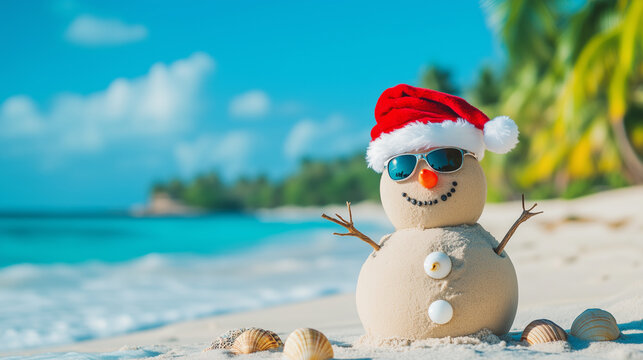 Christmas vacation concept. Sand snowman wearing a Santa hat and sunglasses, enjoying tropical beach with blue ocean. Blending Christmas with a sunny vacation theme. Image made using Generative AI.