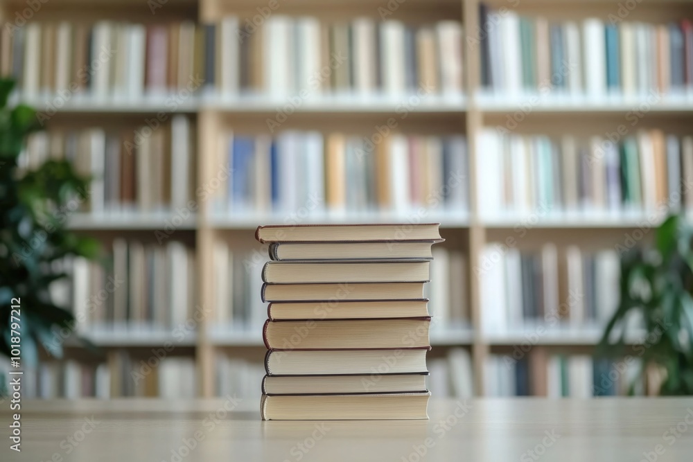 Poster stack of books sitting on a table with a simple background