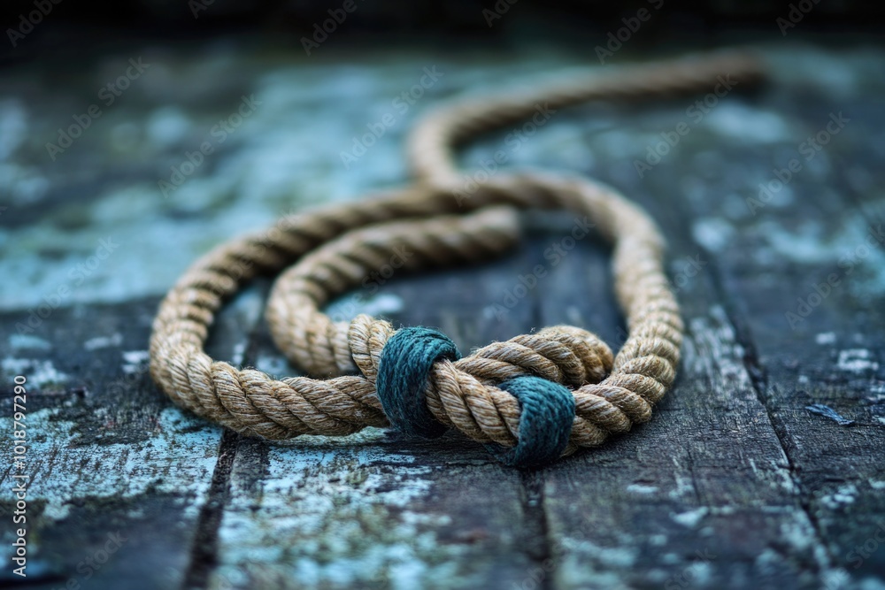 Poster A close-up view of a rope lying on a wooden table, suitable for use in various scenes and contexts