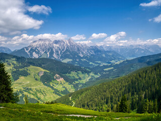 View on mountains near Saalbach Hinterglemm ski resort on a summer day