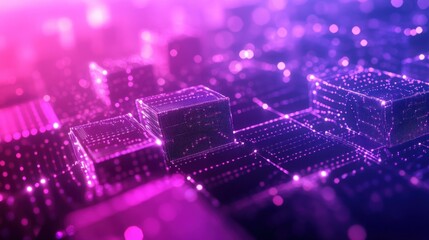 Obraz premium Abstract digital background with glowing cubes and particles.
