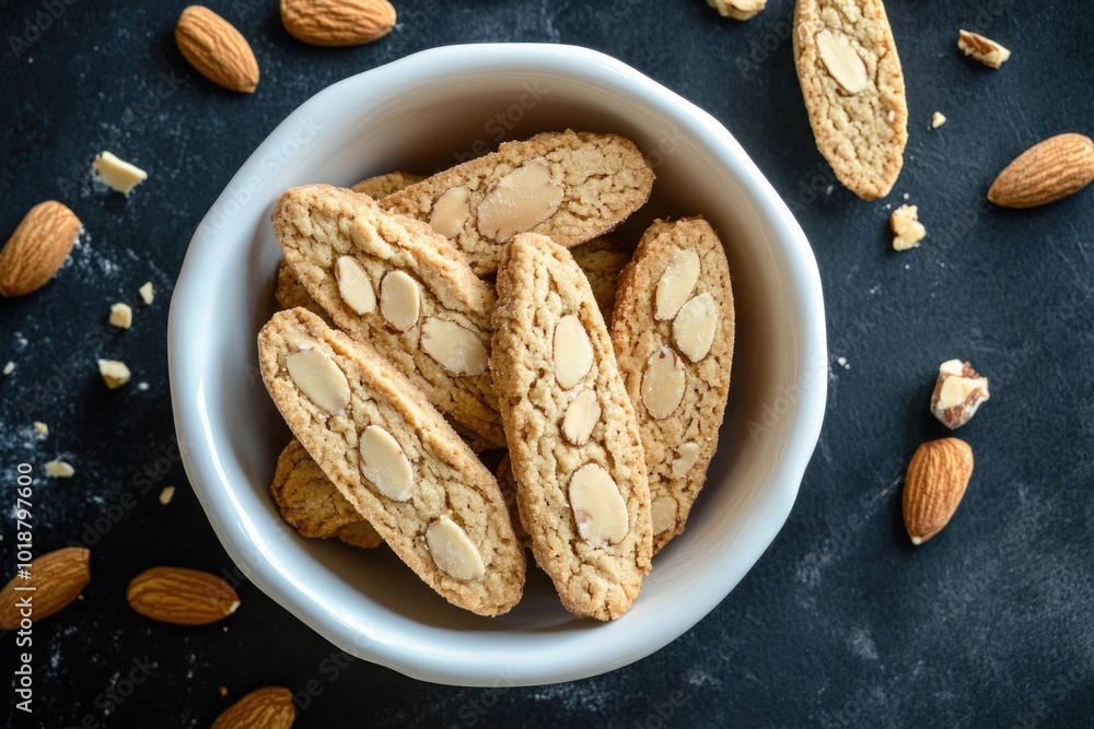 Poster a bowl filled with almond cookies placed on a table for serving and enjoyment