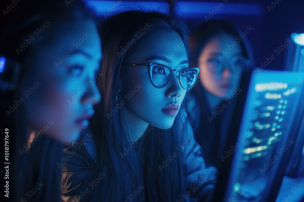 Poster a group of young women collaborating on computers, possibly working on a project or studying