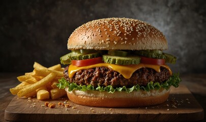 Delicious crunch burger and potato fries on wooden table