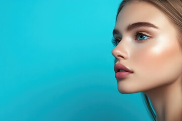 Naklejka premium A beautiful young woman posing against a bright blue background
