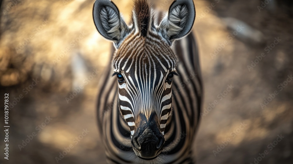 Poster a zebra's face looking directly at the camera