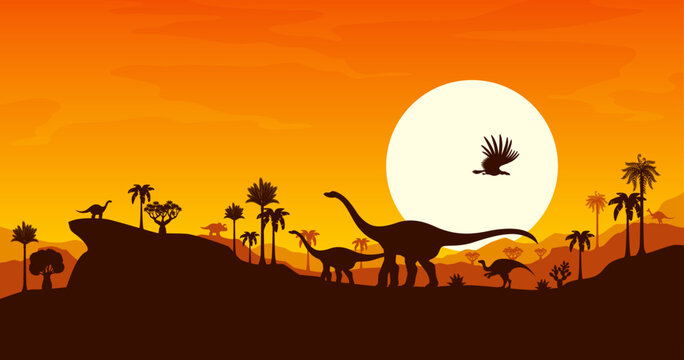 Prehistoric dinosaur silhouettes at sunset vector background. Jurassic nature landscape with dino animals, prehistoric jungle and setting sun. Arrhinoceratops, probactrosaurus, cetiosaurus dinosaurs