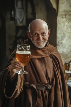 A person wearing monk robes holds a glass of beer, casual scene