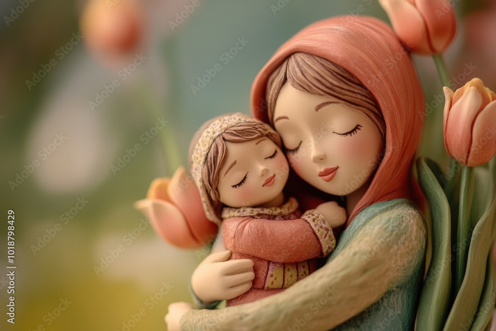 Sticker A figurine of a mother holding a young child, suitable for decorative purposes or as a symbol of maternal love