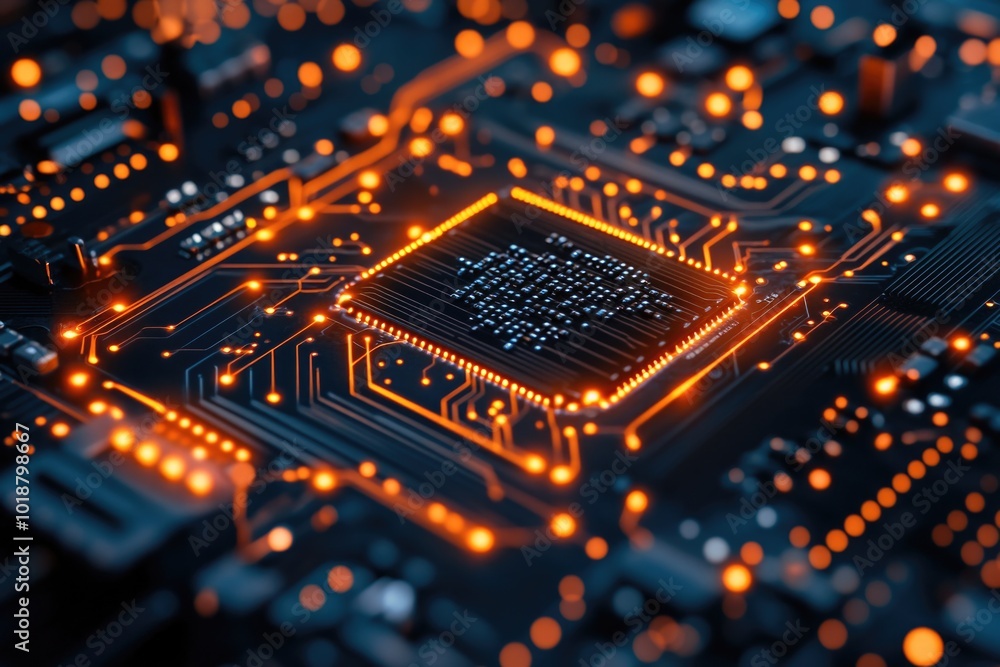 Poster a close-up view of a circuit board with orange led lights, great for technology and electronics rela