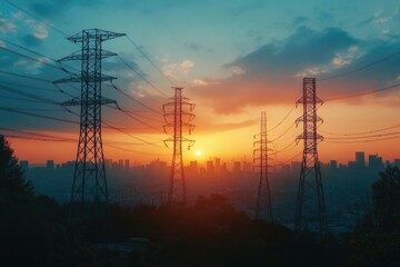 Fototapeta premium Power lines and buildings at sunset in a cityscape
