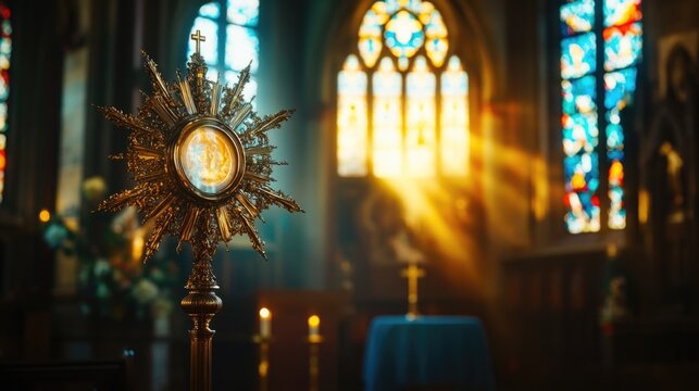 A golden sunburst shines through the vibrant stained glass windows of a beautiful church - Powered by Adobe
