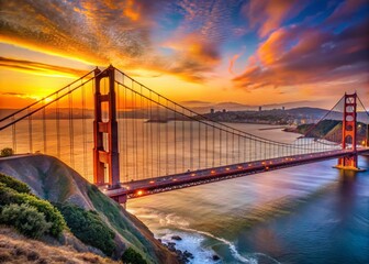 Fototapeta premium Iconic Golden Gate Bridge with San Francisco Skyline at Sunset, Vibrant Colors and Scenic Views