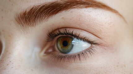 Close-up view of an individual's eye with brown hair, perfect for personal or professional use