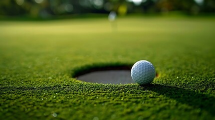 Golf ball on the green grass ready to be shot into hole
