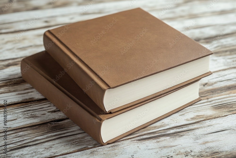 Poster a stack of three books resting on the surface of a wooden table, perfect for book lovers and educati