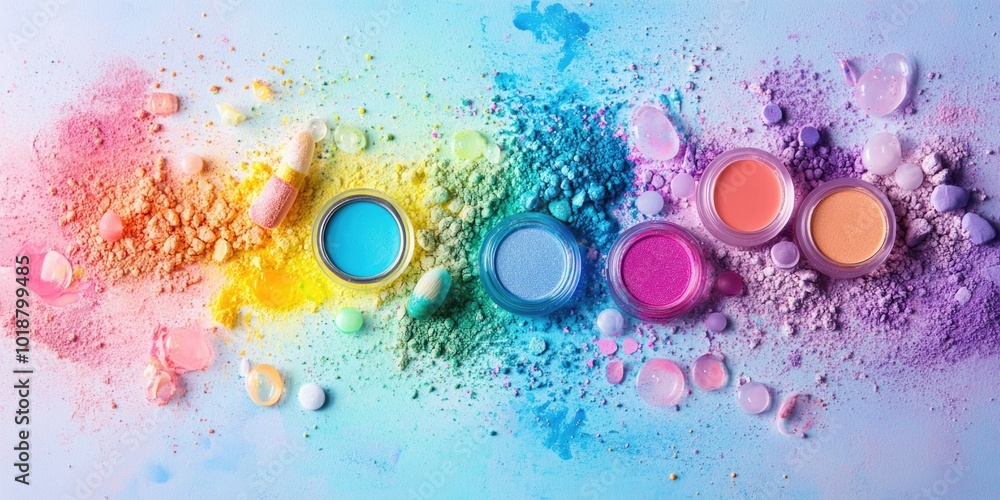 Poster a selection of variously colored powders arranged on a blue surface