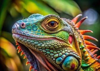 Fototapeta premium Iguana Head Bobbing in Natural Habitat with Vibrant Scales and Lively Expressions Captured Close-up
