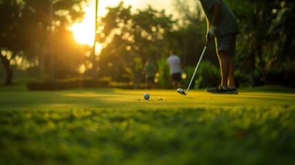 Golfer putting golf ball on green in golf course at sunset