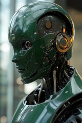 Close-up image of a robot's head and facial features, ideal for sci-fi or technology-related concepts