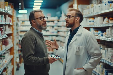 Two pharmacists discussing medication options for customers