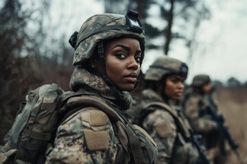 Fototapeta premium A group of women in uniform standing side by side, possibly military or police personnel