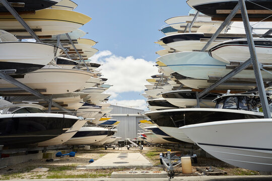 Stack of boats in a harbour storage