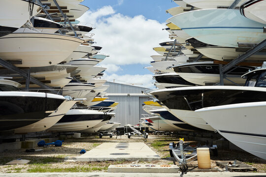 Stack of boats in a harbour storage