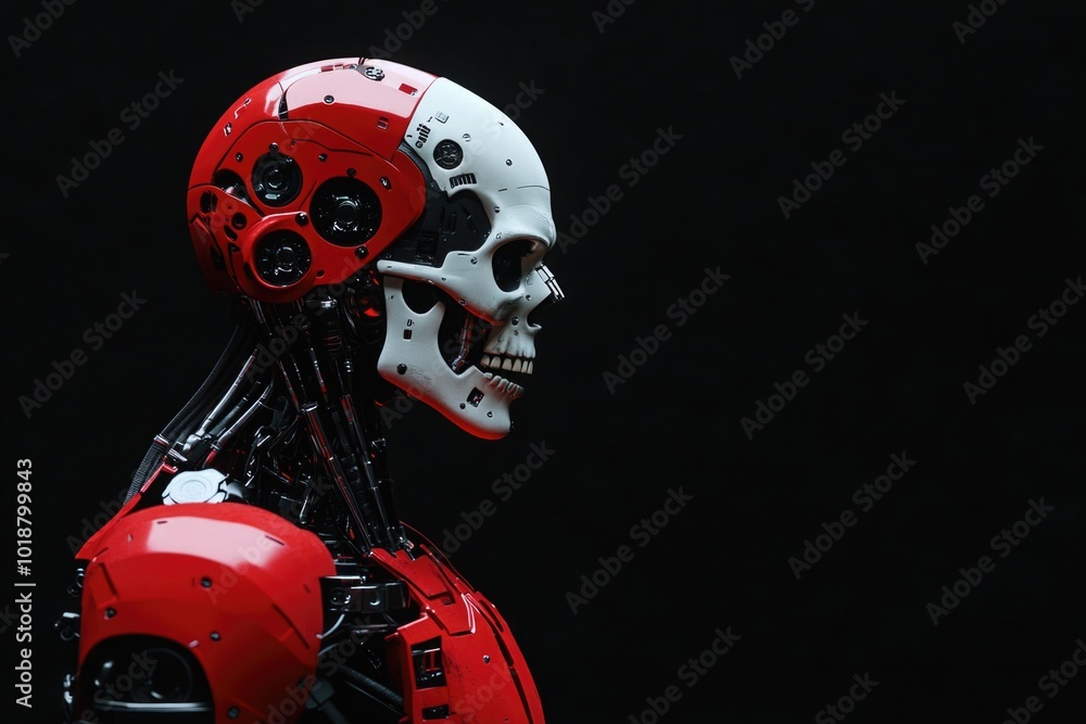 Poster a close-up view of a robot with a skull on its head, great for sci-fi or futuristic themed designs