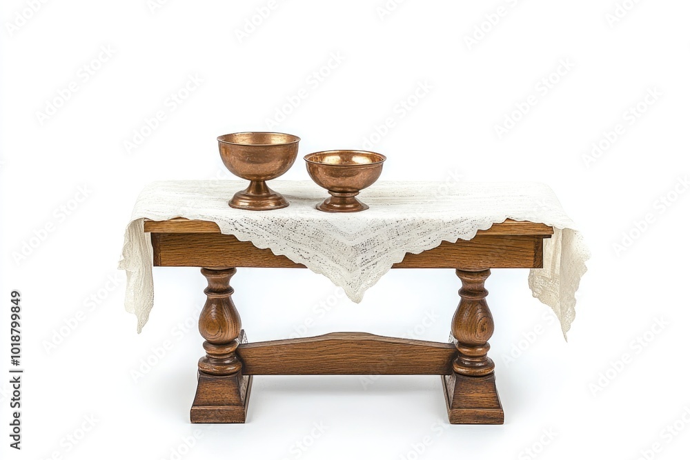 Poster a simple wooden table covered with a clean white tablecloth, perfect for various occasions
