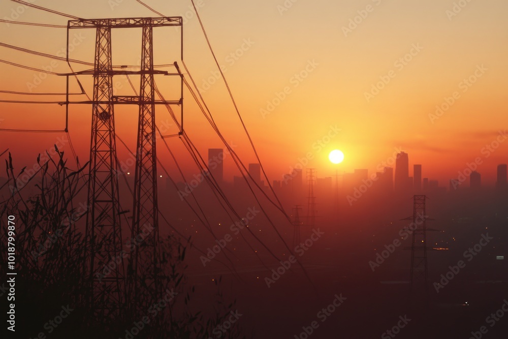 Aufkleber A cityscape at sunset with power lines in the foreground, ideal for use as a background or to add atmosphere to your project