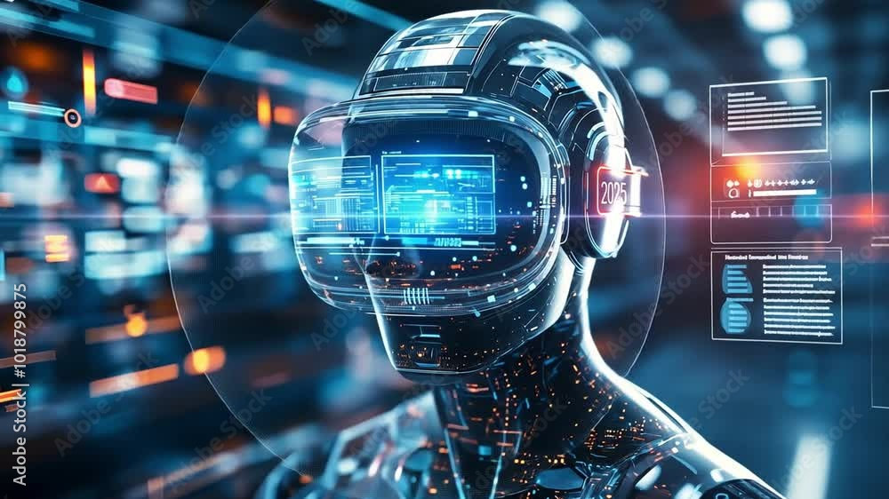 Poster a futuristic robot with a high-tech visor displaying data in a digital environment in 2025