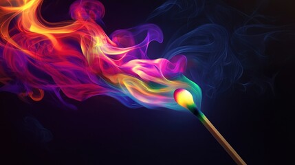 A lit matchstick with colorful smoke rising against a dark background.