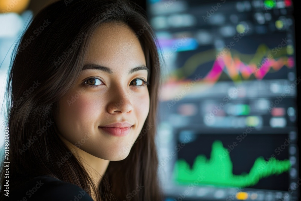 Wall mural A woman sitting in front of a computer screen, likely reviewing information